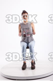 Sitting photo references of Molly blue jeans womna singlet 0016